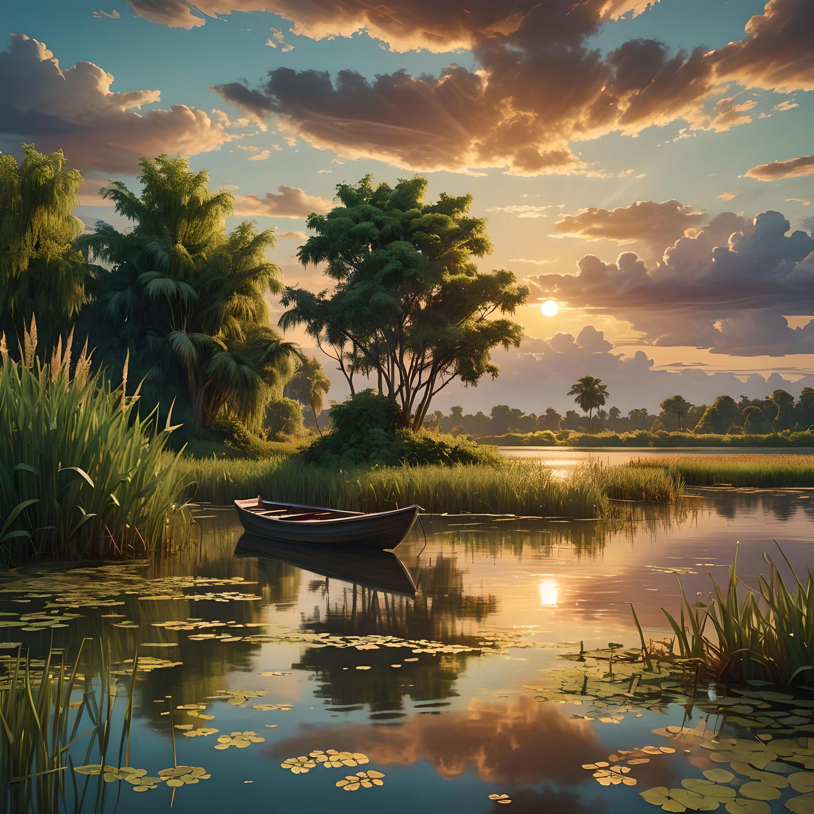 Fishing Boat at Sunset on Serene Lagoon