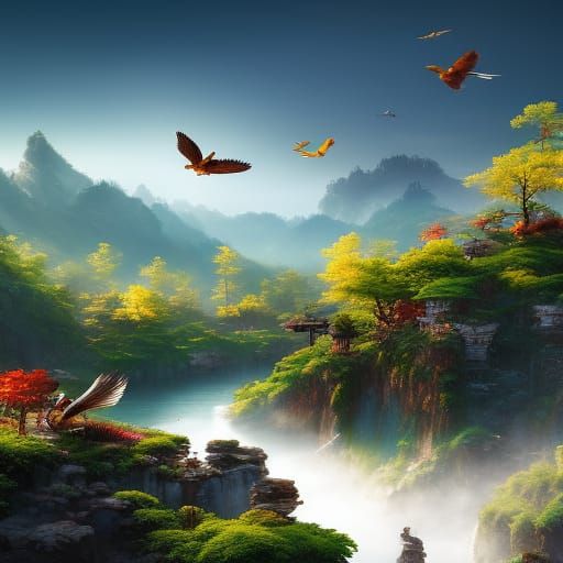 Orioles and Kingfishers in a Mountain Landscape