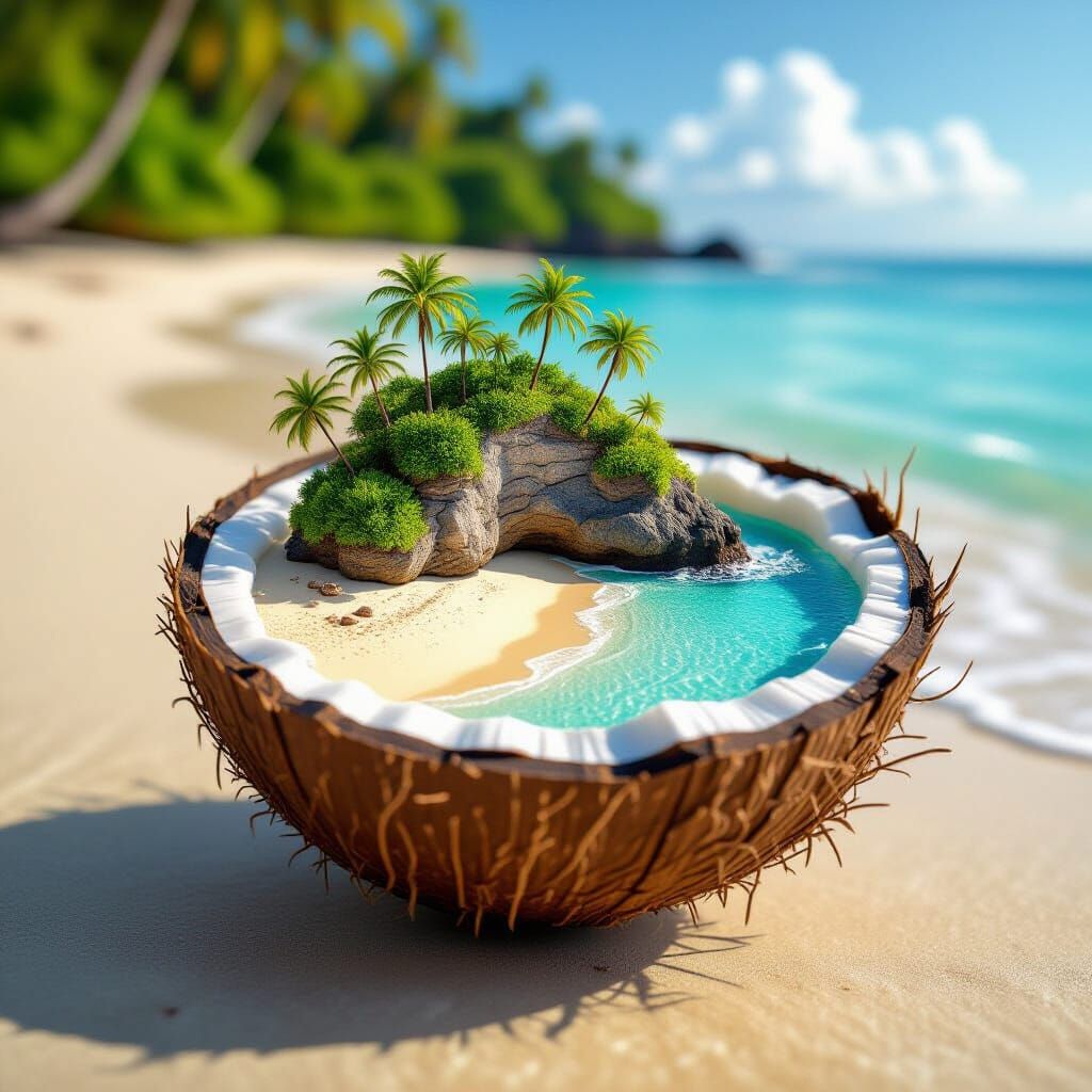 Realistic Coconut Shell Diorama of a Tropical Island