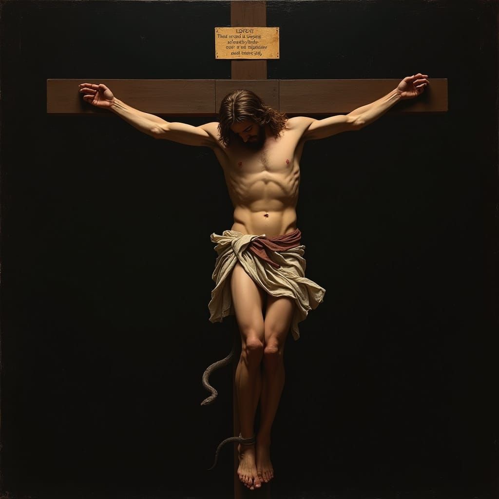 Jesus on Cross with Serpent, Baroque Art Style