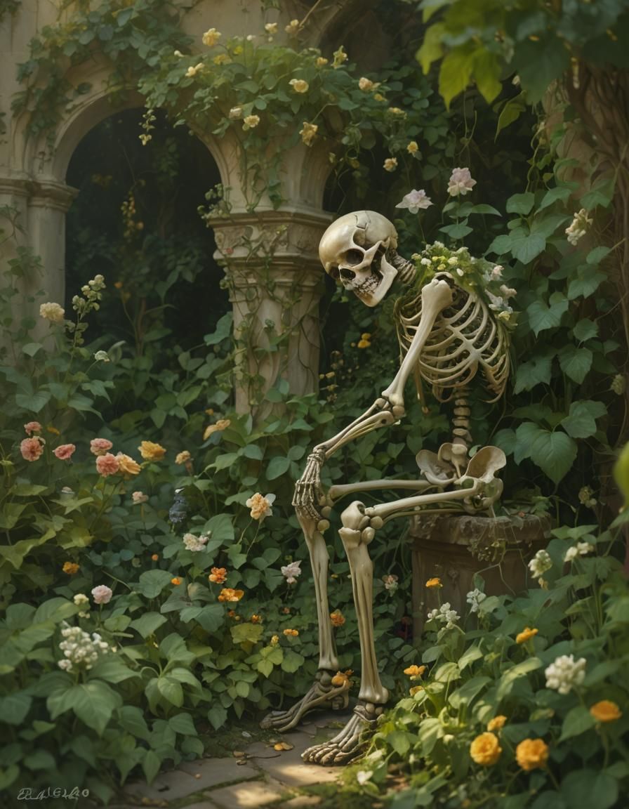 Renaissance Skeleton in Lush Garden Still Life