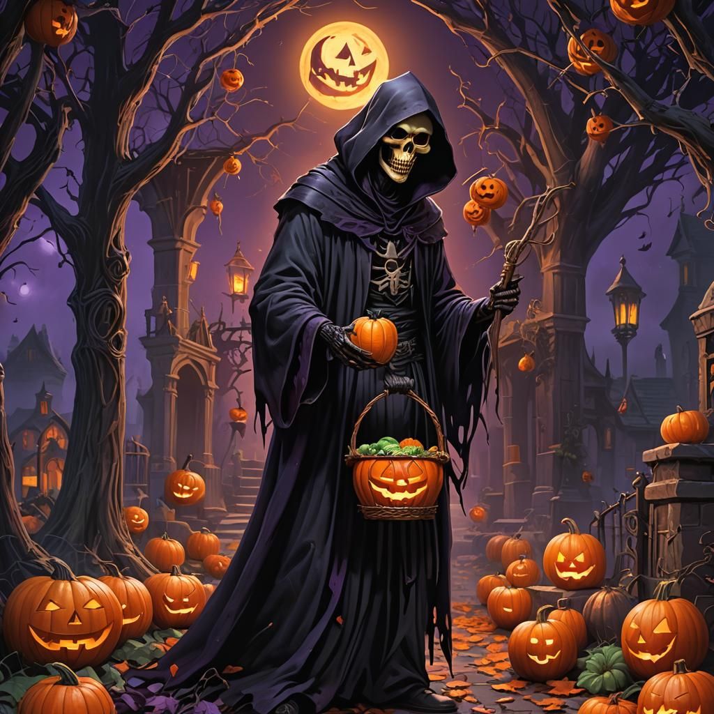 Fantasy Grim Reaper with Jack-o'-Lantern, Gothic Art
