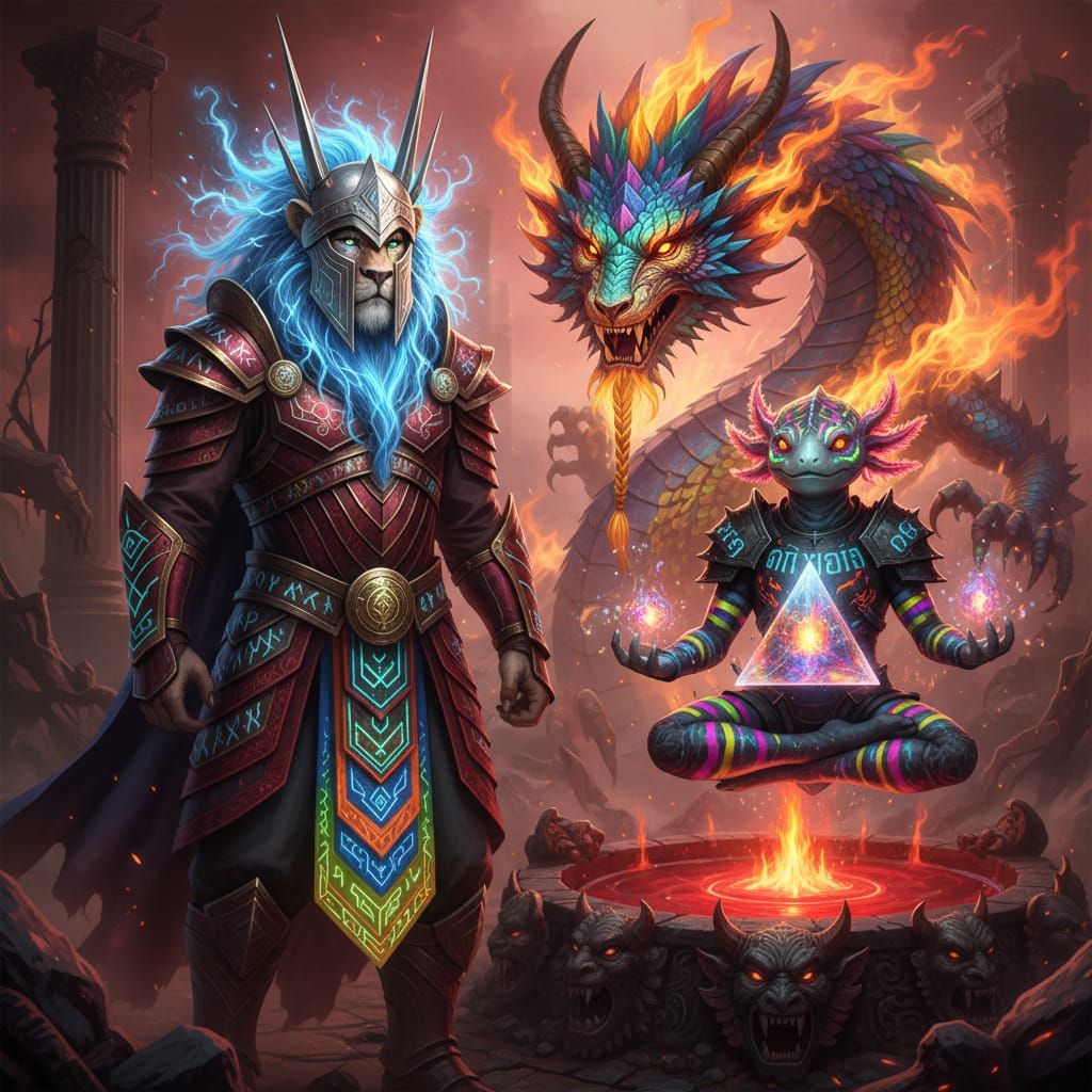 Emperor Lion Mage with Dragon and Axolotl Warlock