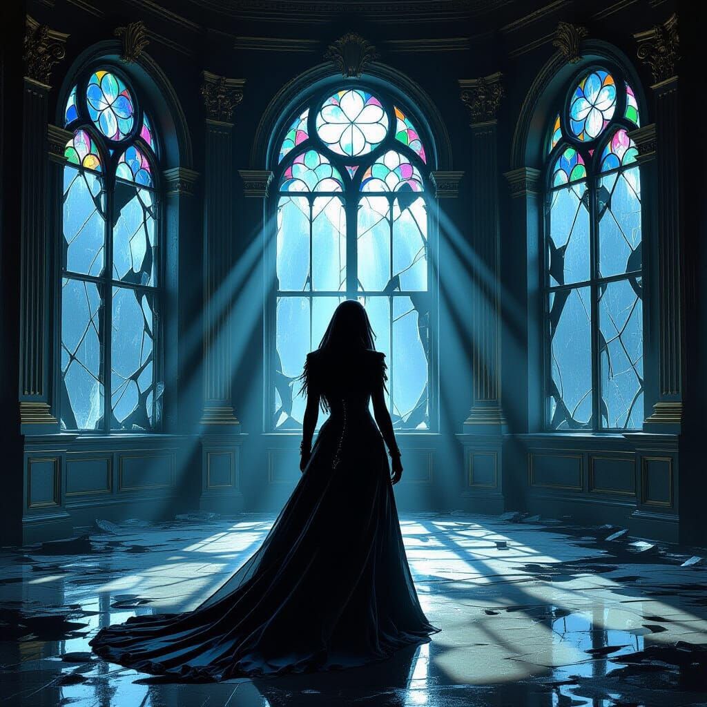 Zombie in Decaying Ballroom Under Moonlight