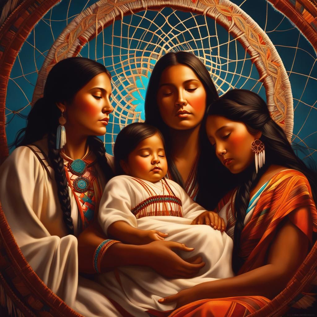 Anishinaabe Family Under Dreamcatcher, in Neoclassical Style