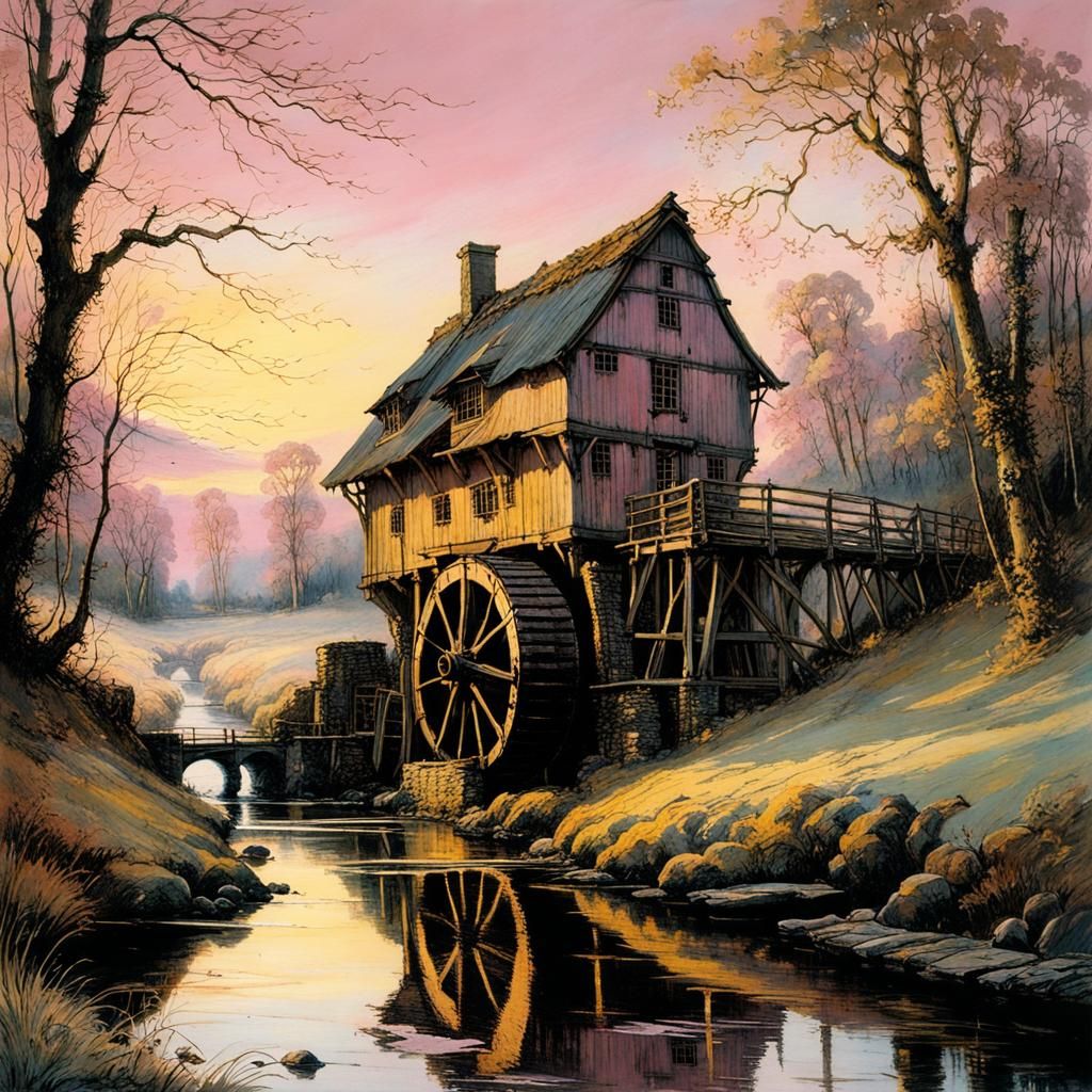 Historic Watermill in Evening Light: Golden Age Illustration