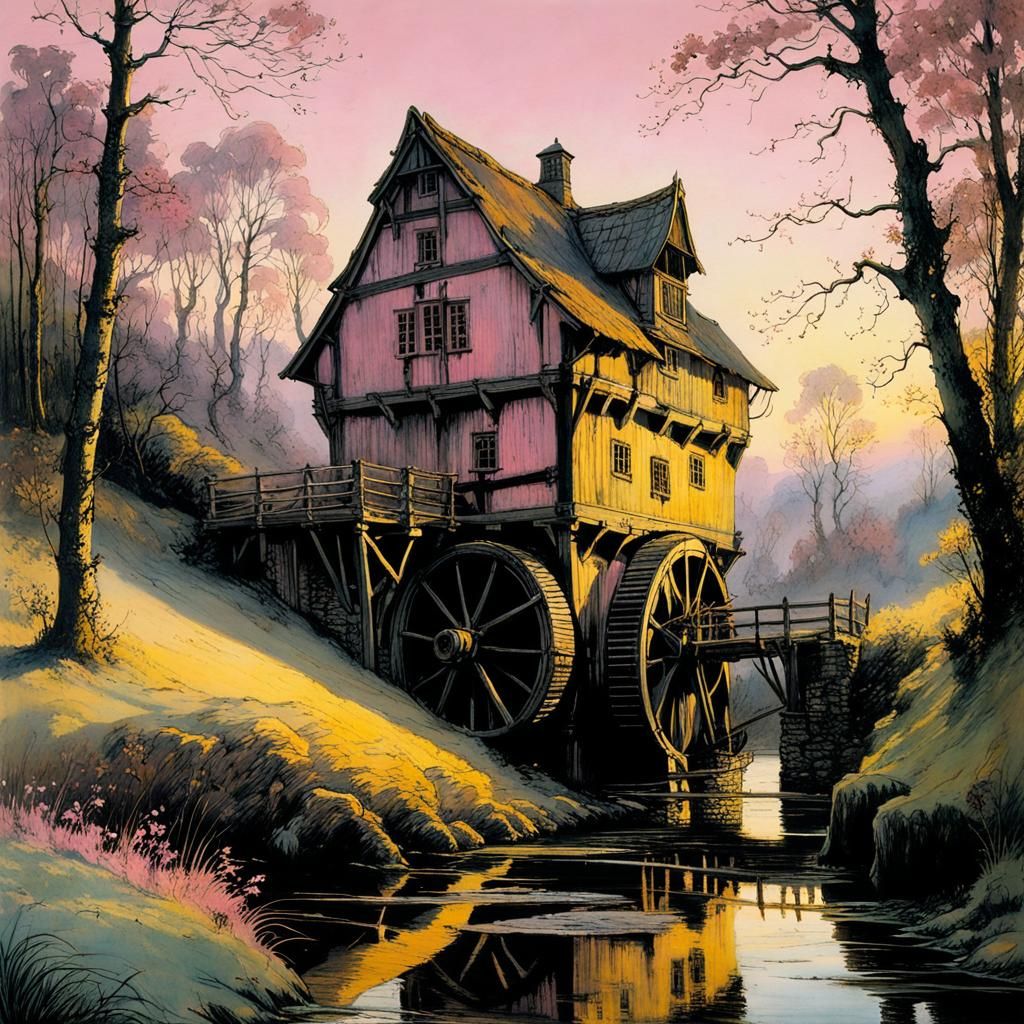 Mysterious Watermill in Evening Light, Highly Detailed
