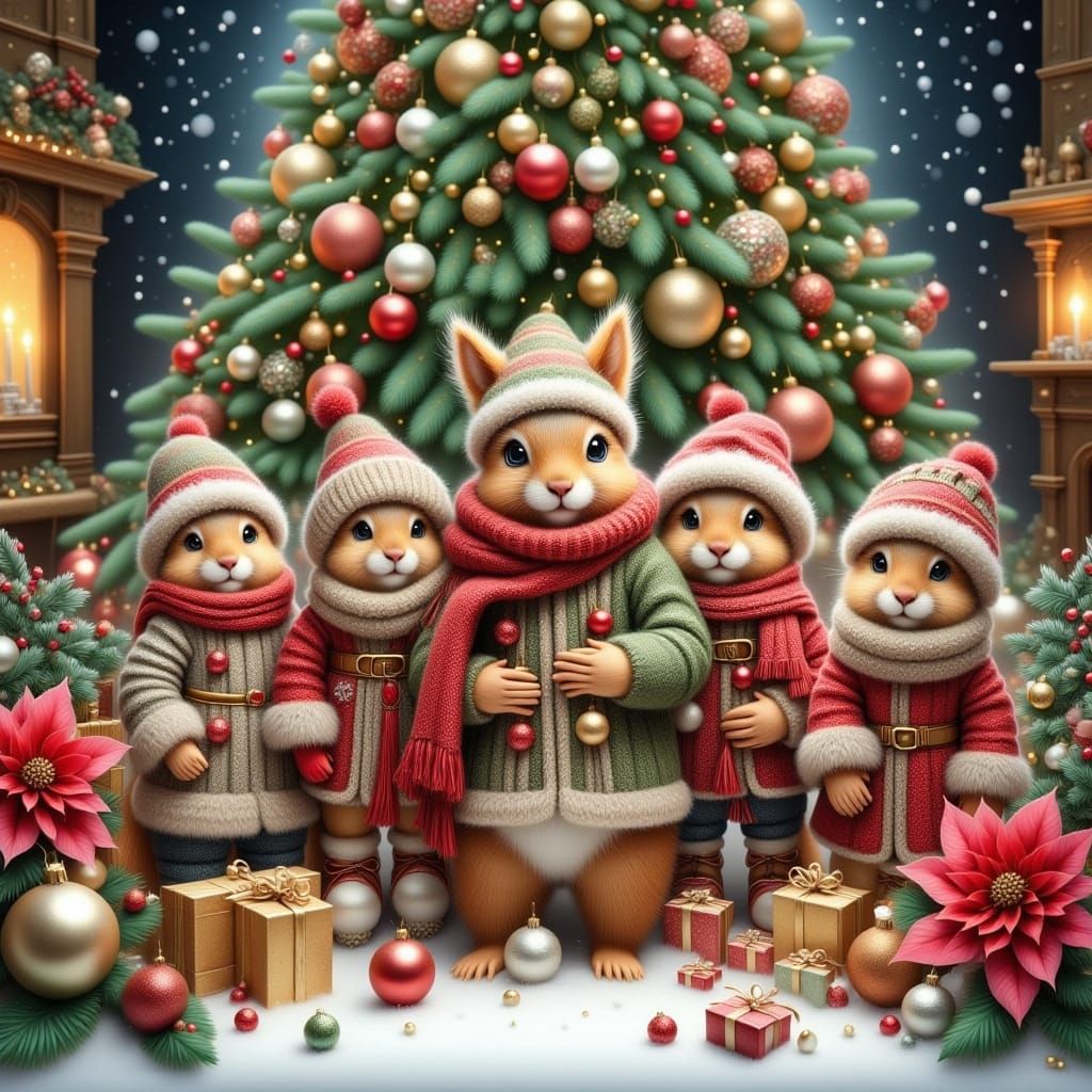 Adorable Squirrel Family in Festive Holiday Scene