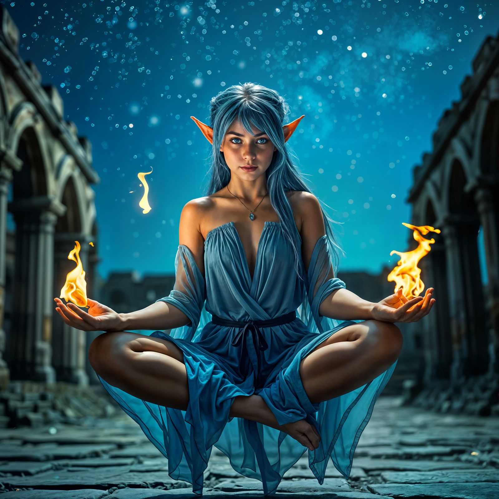 Ethereal Elf Sorceress Levitates Amidst Gothic Ruins