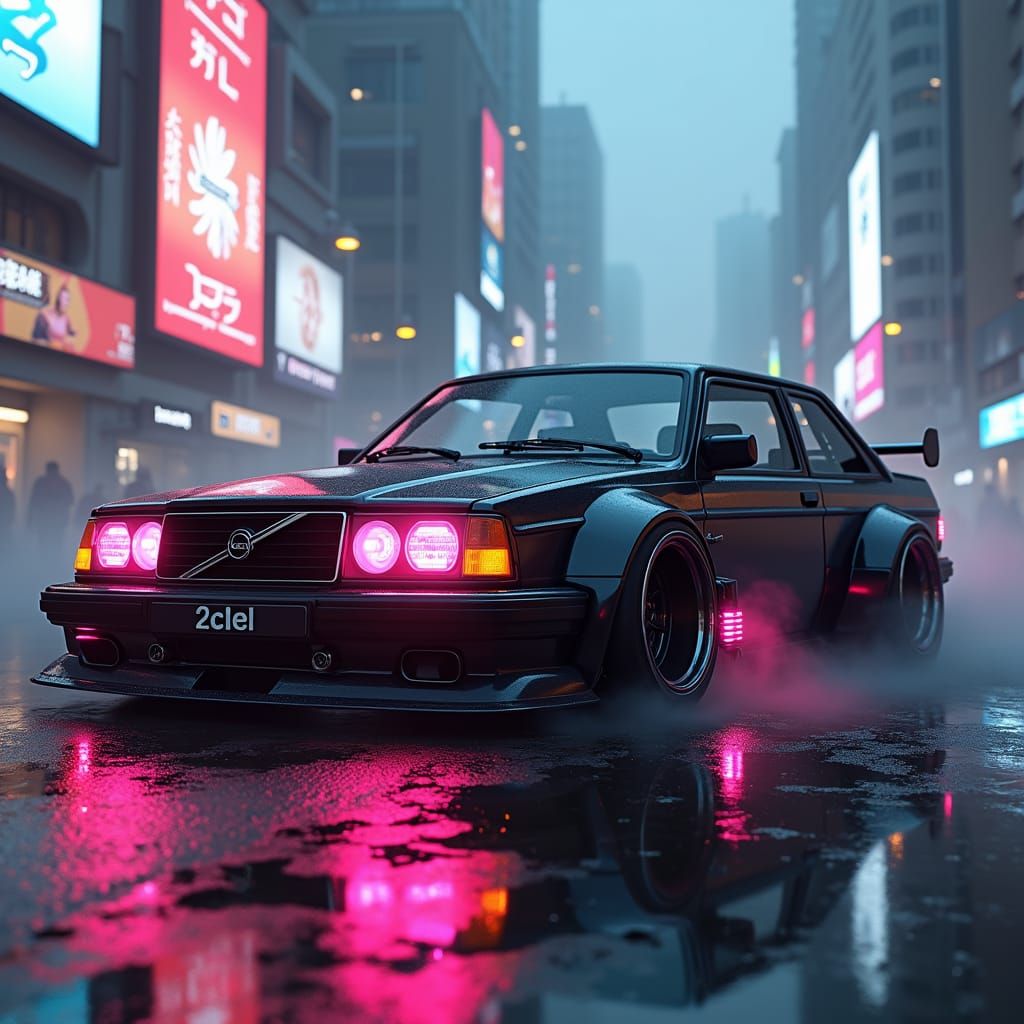 Cyberpunk Volvo 242 Coupe in Neon Cityscape