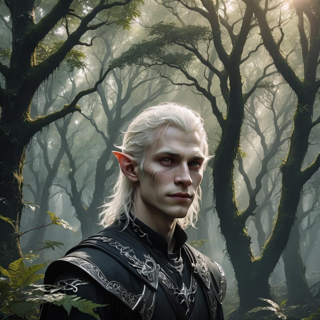 Albino Half-Elf Ranger in Mystical Forest: Fantasy Art