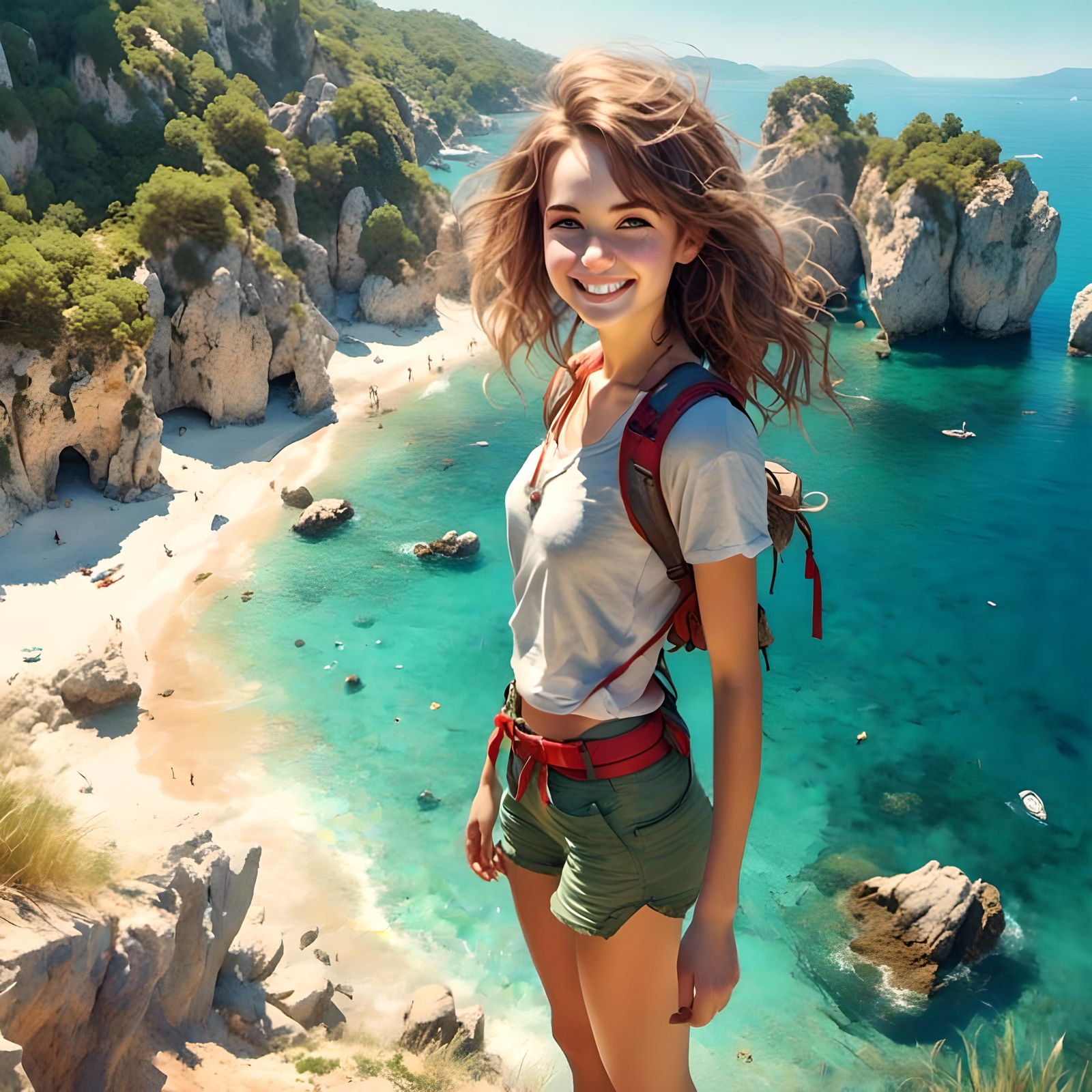 Smiling Girl Beckons to Secluded Beach Cove