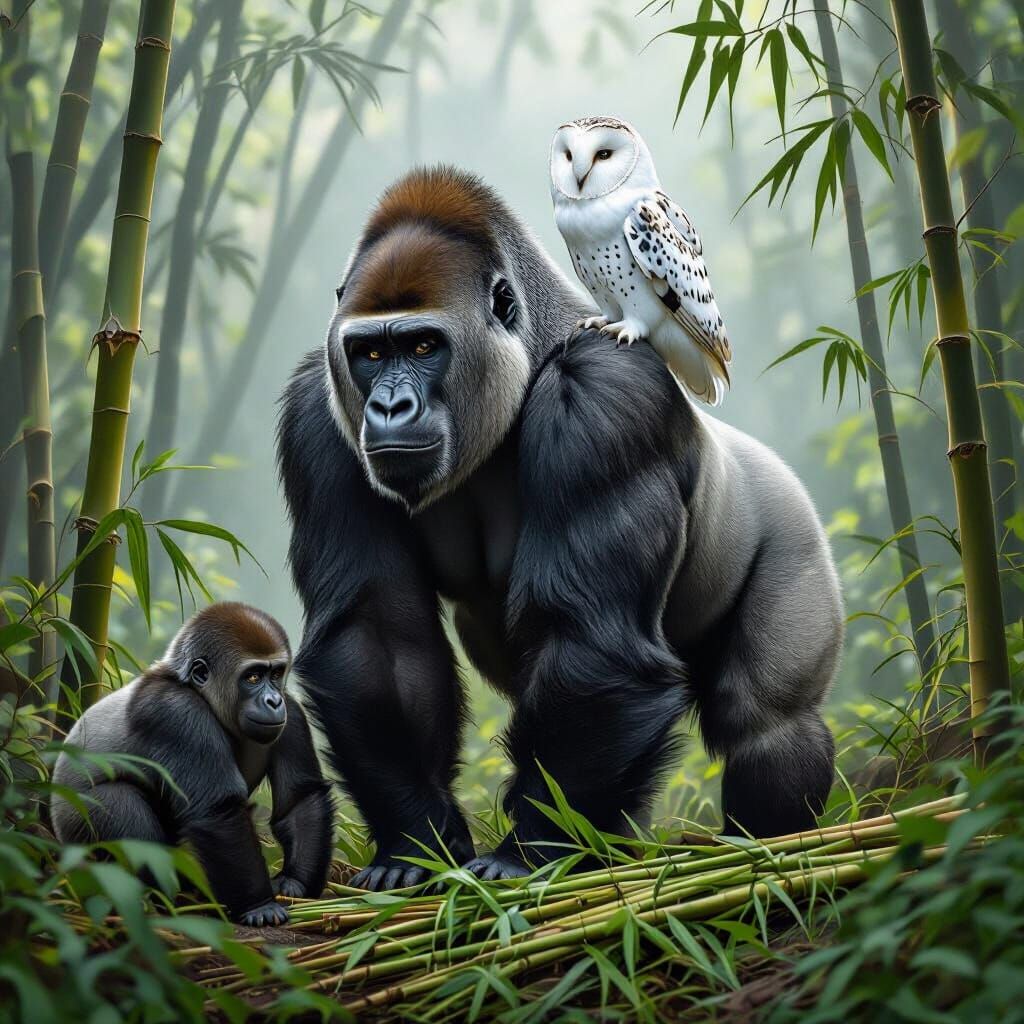 Silverback Gorilla Surveys Misty Forest with Owl Companion