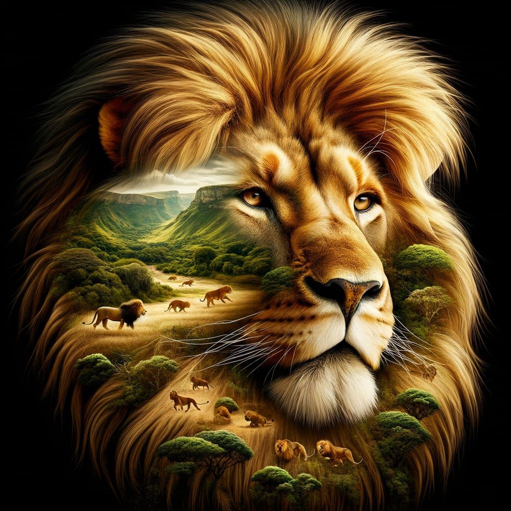 Majestic Lion Double Exposure in Classical Portrait Style