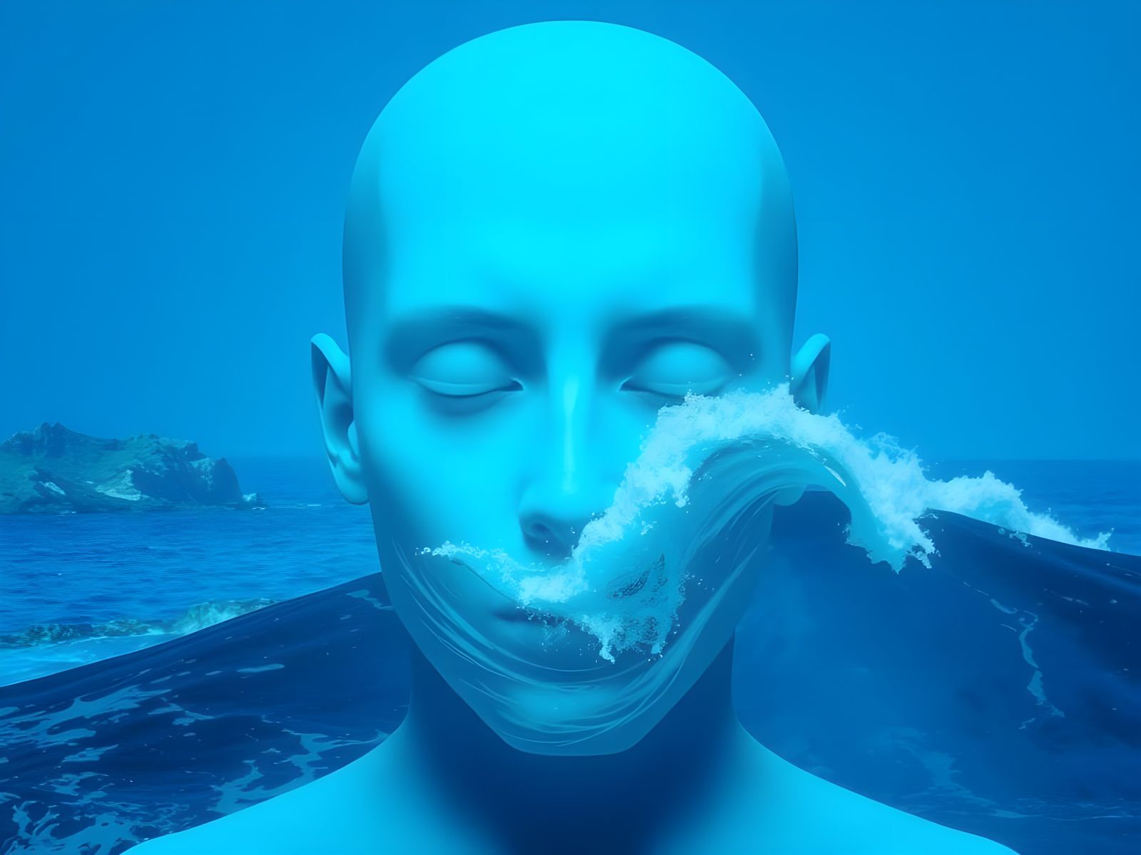 Surreal Blue Head Pouring Azure Waves