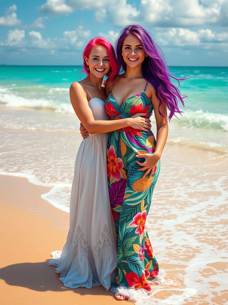 Sisters Embracing at Sunset on the Beach