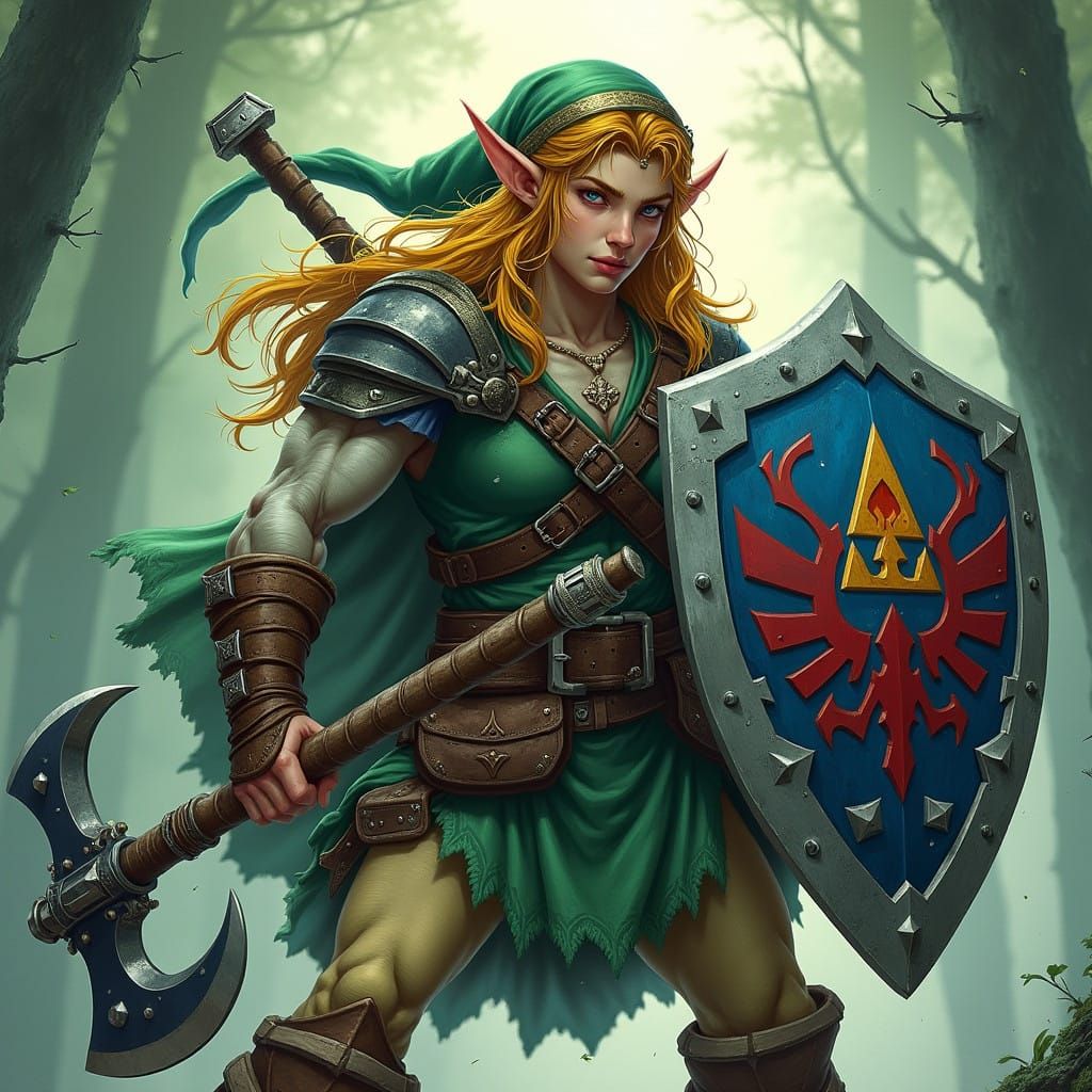 Epic Elf Warrior in Barbarian Attire, Zelda Meets D&D