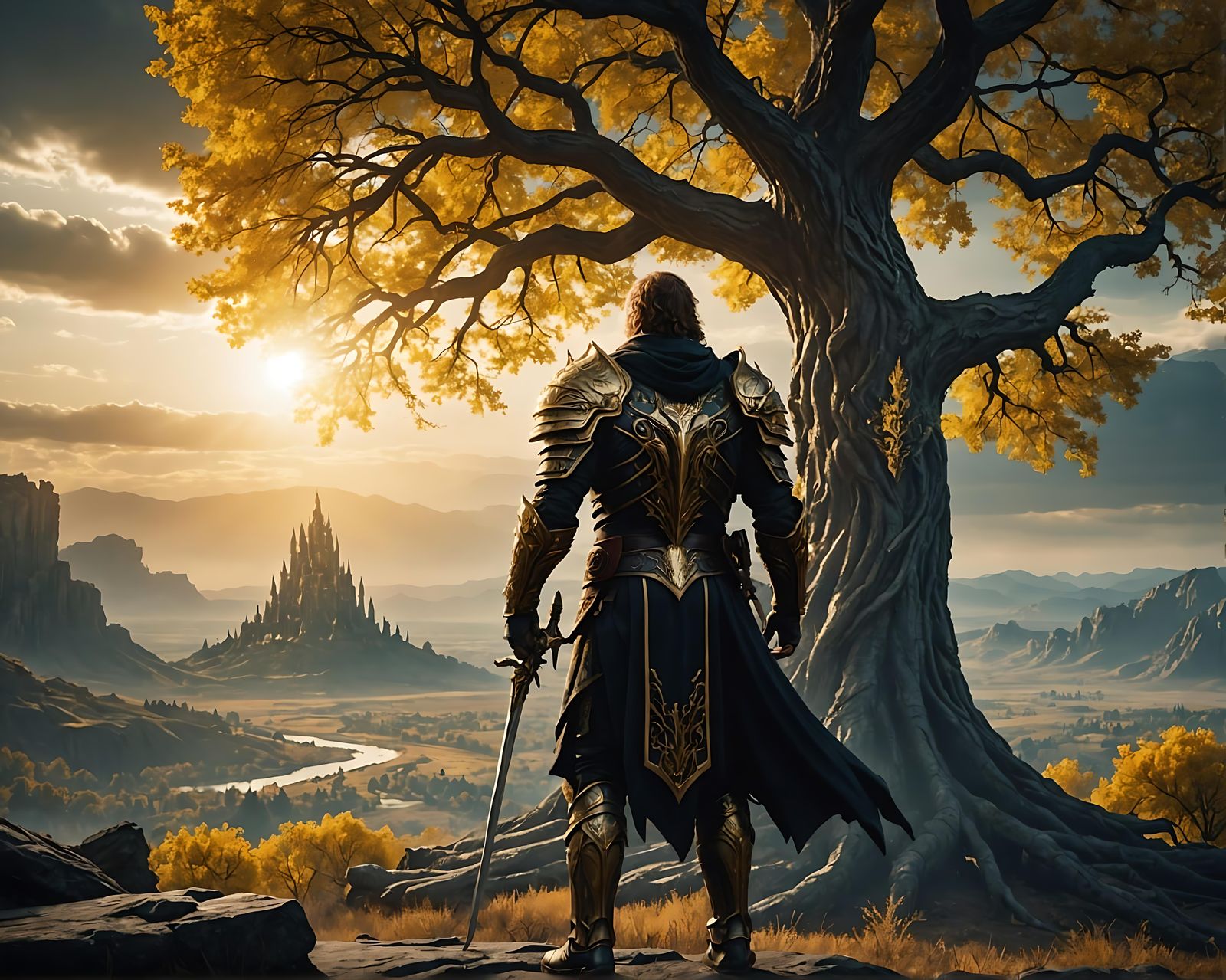 Dark Fantasy Warrior and Golden Tree Horizon