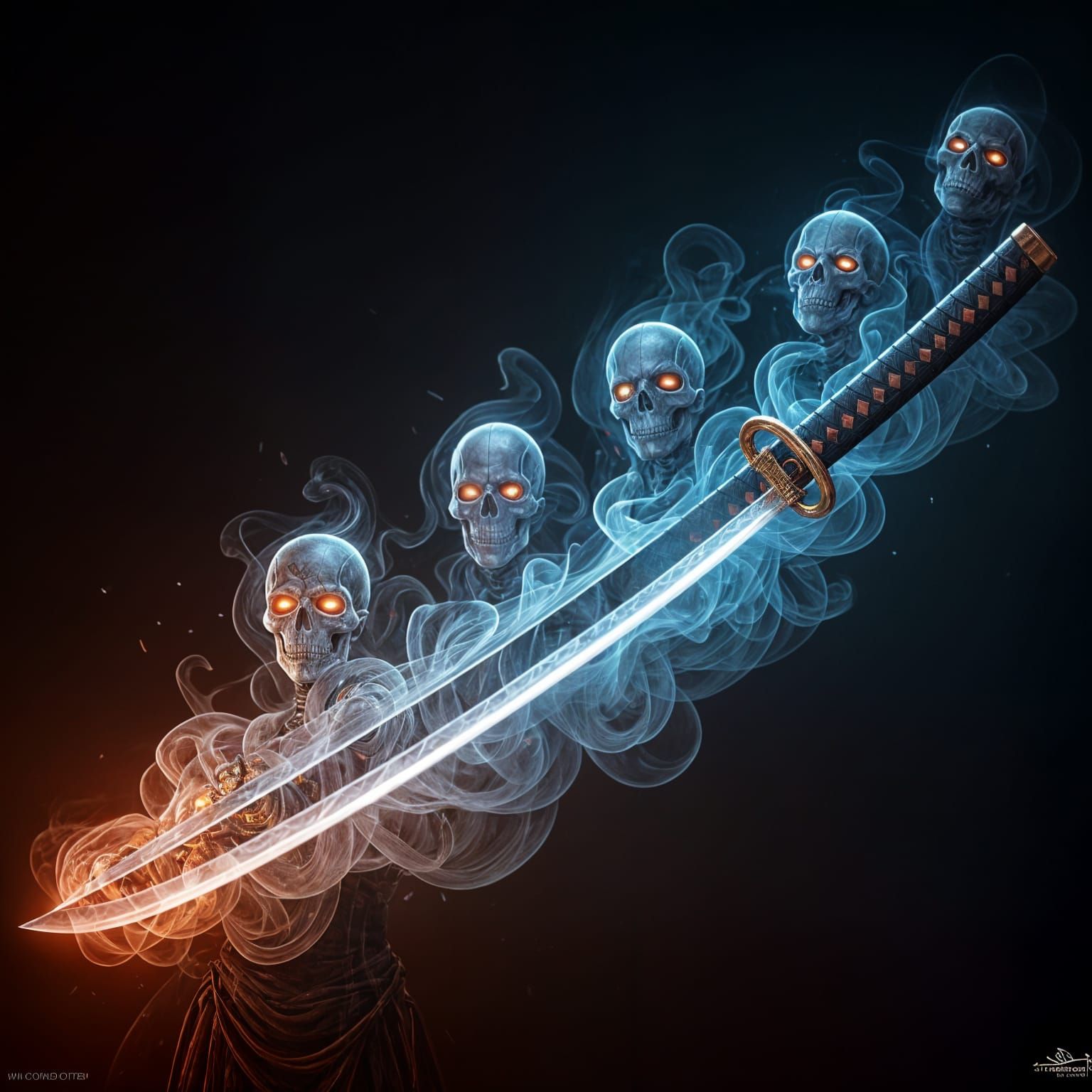 Surreal Smoke Katana with Shadowy Silhouettes in Hyperrealis...