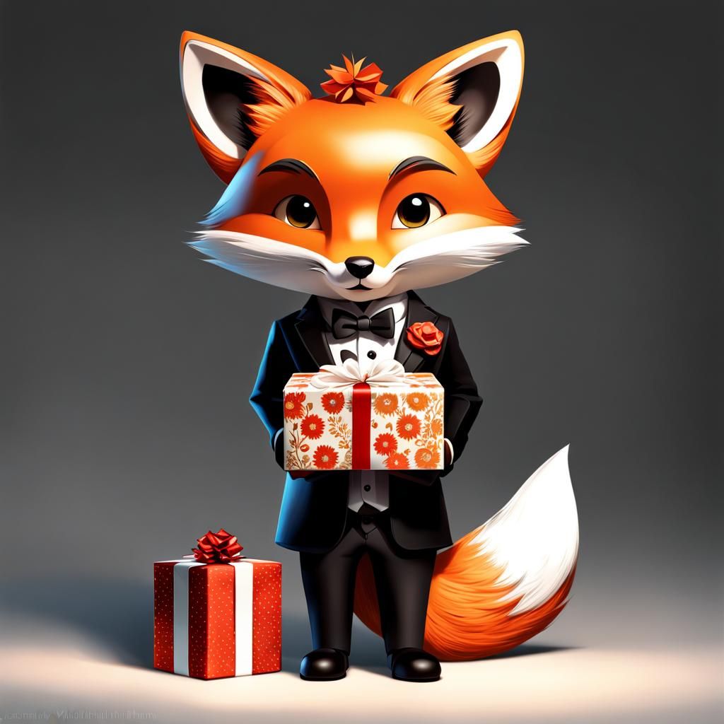 Chibi Fox Offers Present in Festive 3D Rendering
