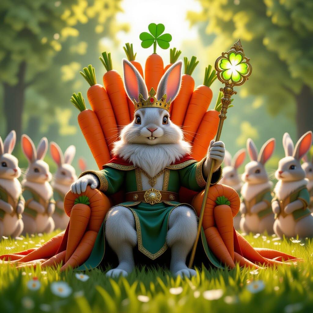 Rabbit King on Carrot Throne in Sun-Dappled Meadow