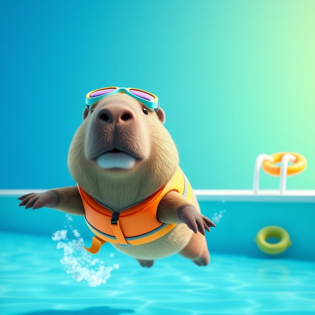 Stylized Digital Art of a Capybara in a Summer Pool Scene