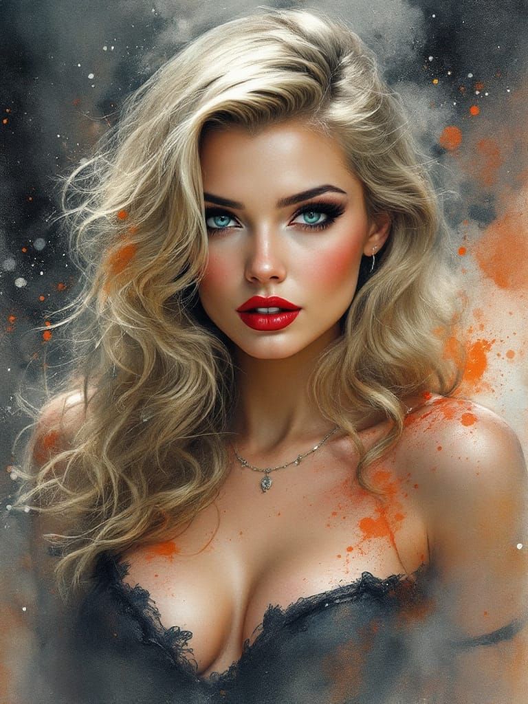 Pin-Up Woman in Surreal Watercolor Style