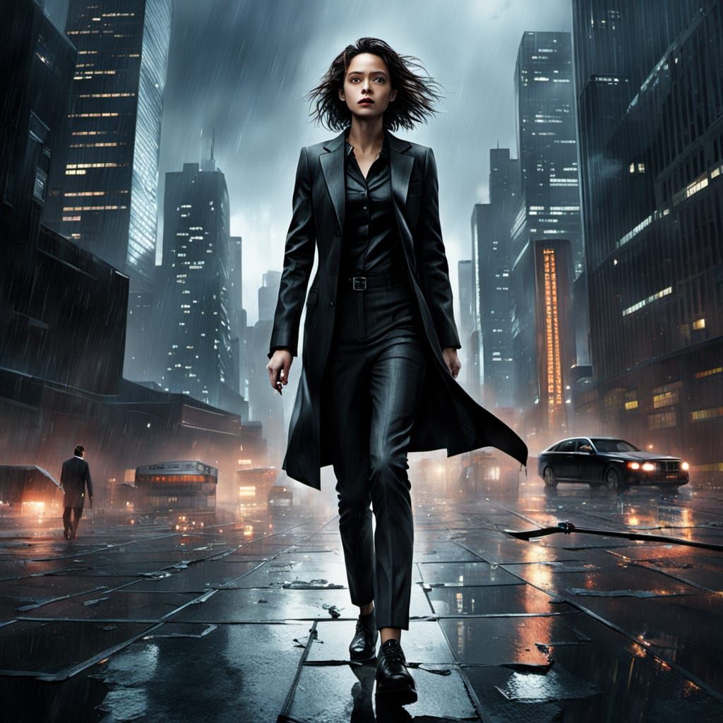 Rain-Slicked Rooftop: Woman with Glowing Briefcase