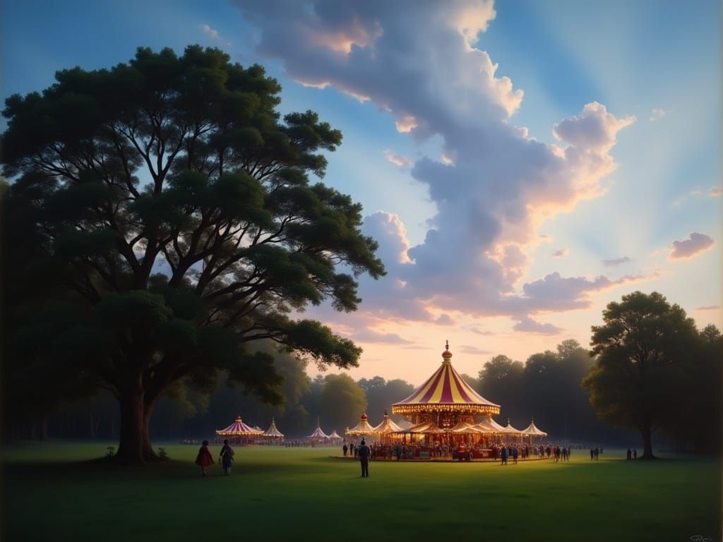 Carnival in Meadow: Luminous Oil Painting