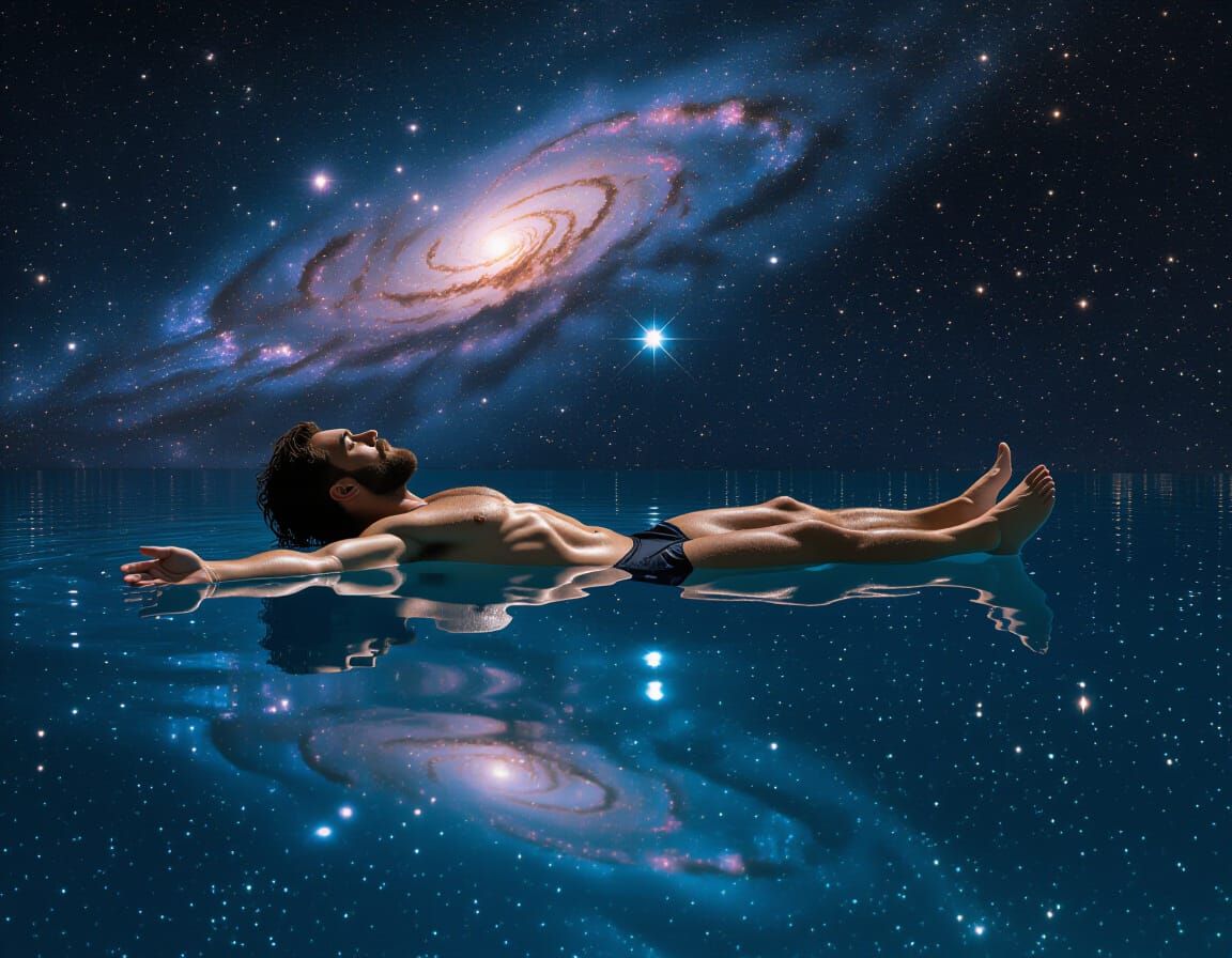 Man Floats Through Cosmic Pool in Serene Reflection