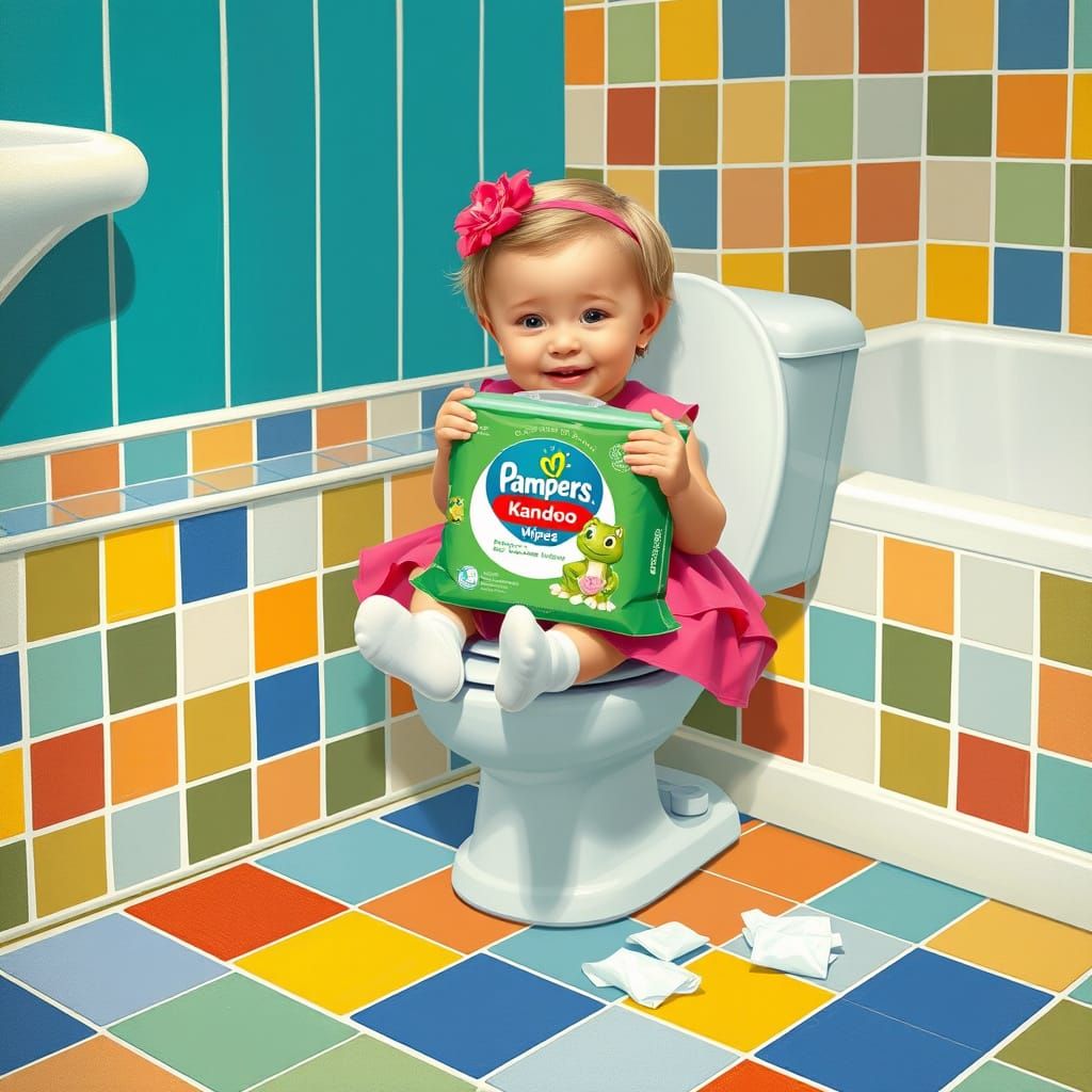 Little Girl Enjoys Pampers Kandoo Wipes in a Colorful Bathro...