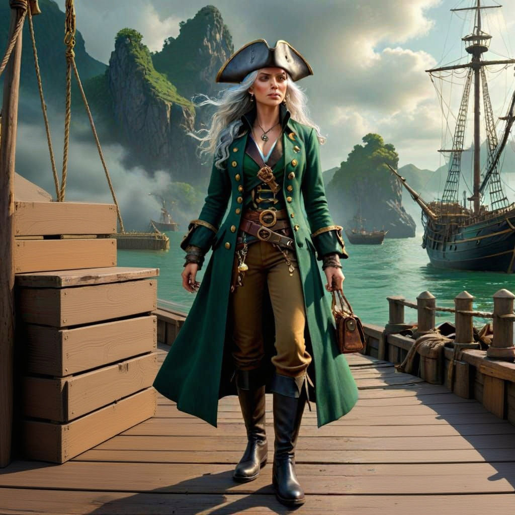 Regal Pirate Queen Surrounded by Treasure