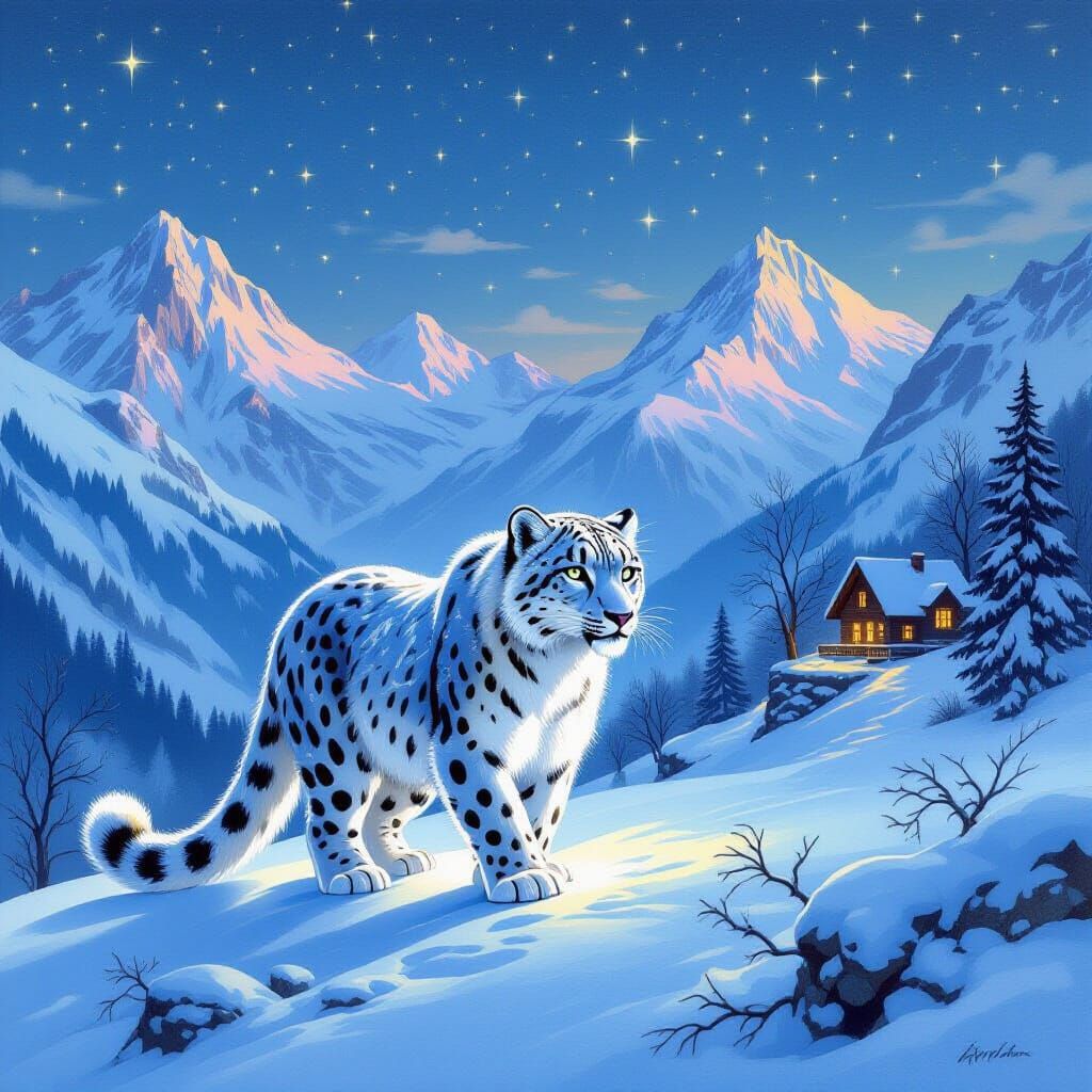 Mystical Snow Leopard in Ethereal Mountain Twilight