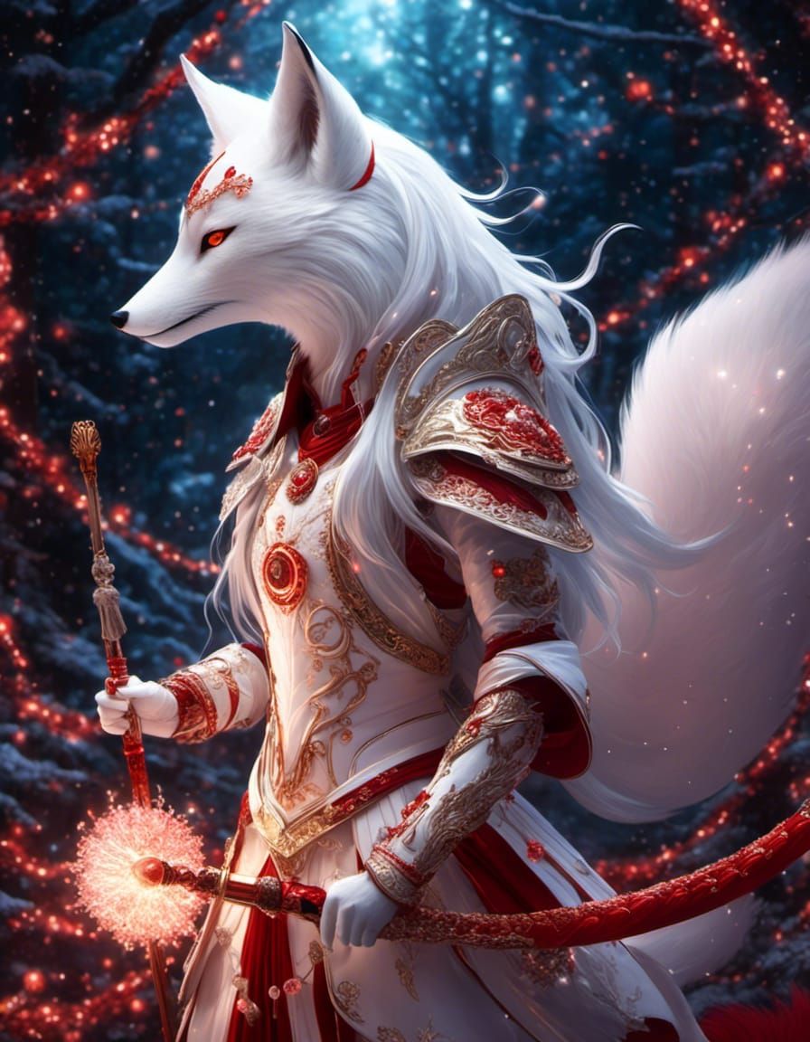Epic White Fox Kitsune Warrior in Macabre Style