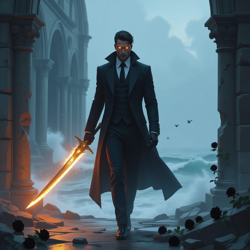 Noir Angel with Glowing Blade by the Sea