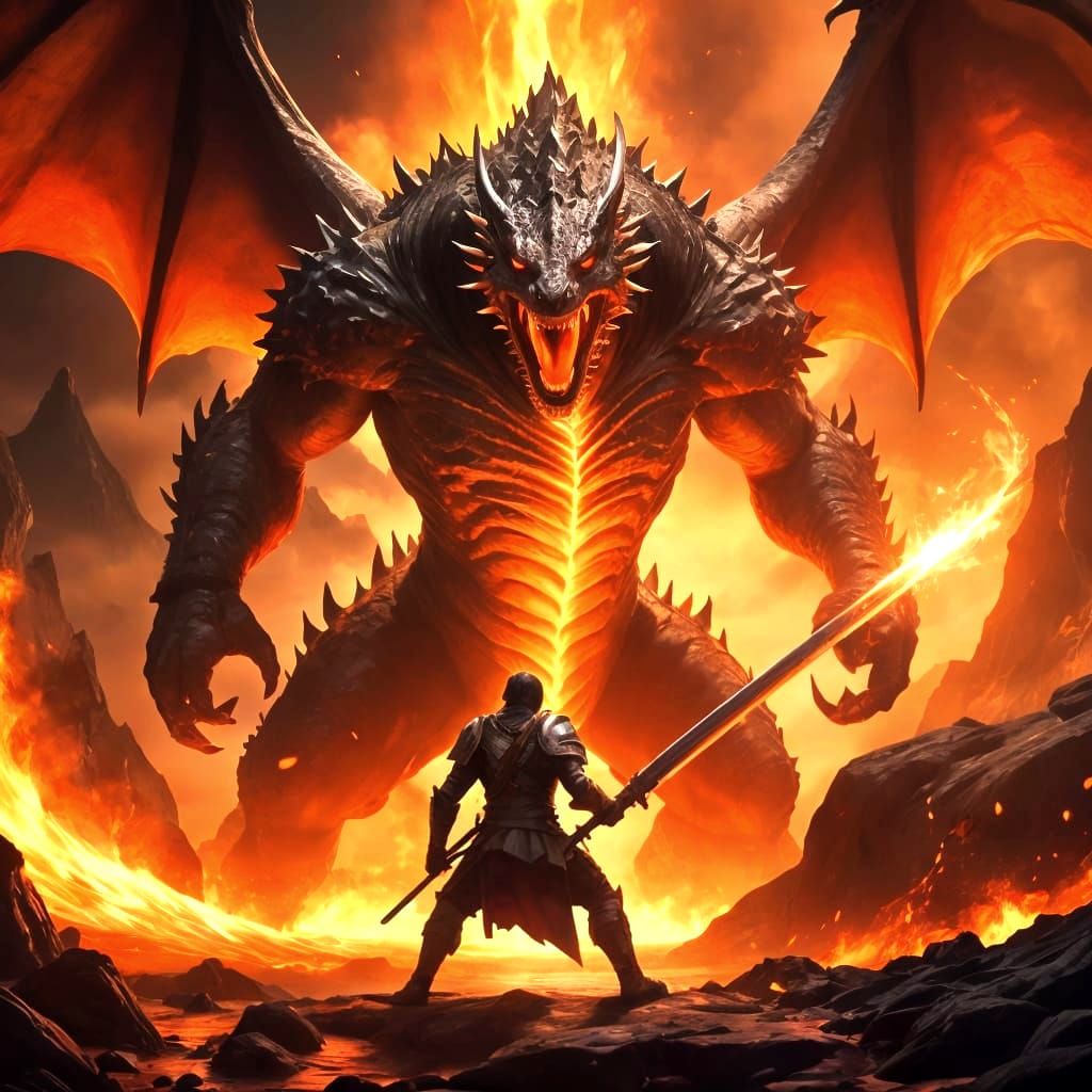 Epic Battle between Warrior and Fiery Dragon in Volcanic Cra...