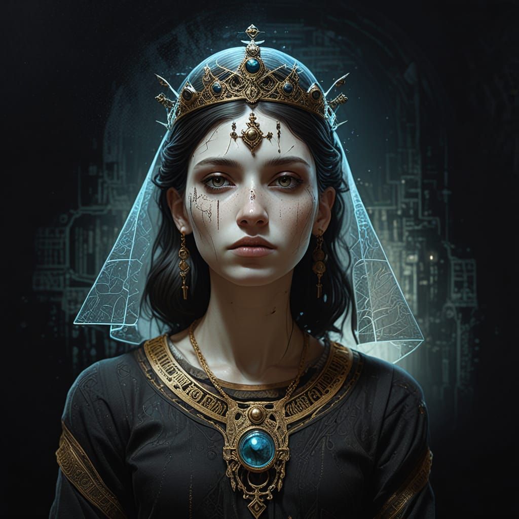 Cyberpunk Queen in Dystopian Landscape