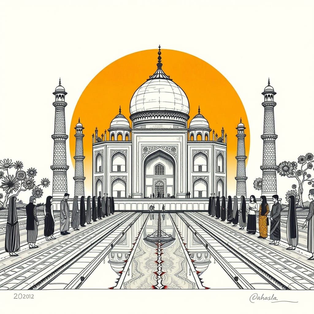 Intricate Taj Mahal Ink Drawing in Pop Art Style