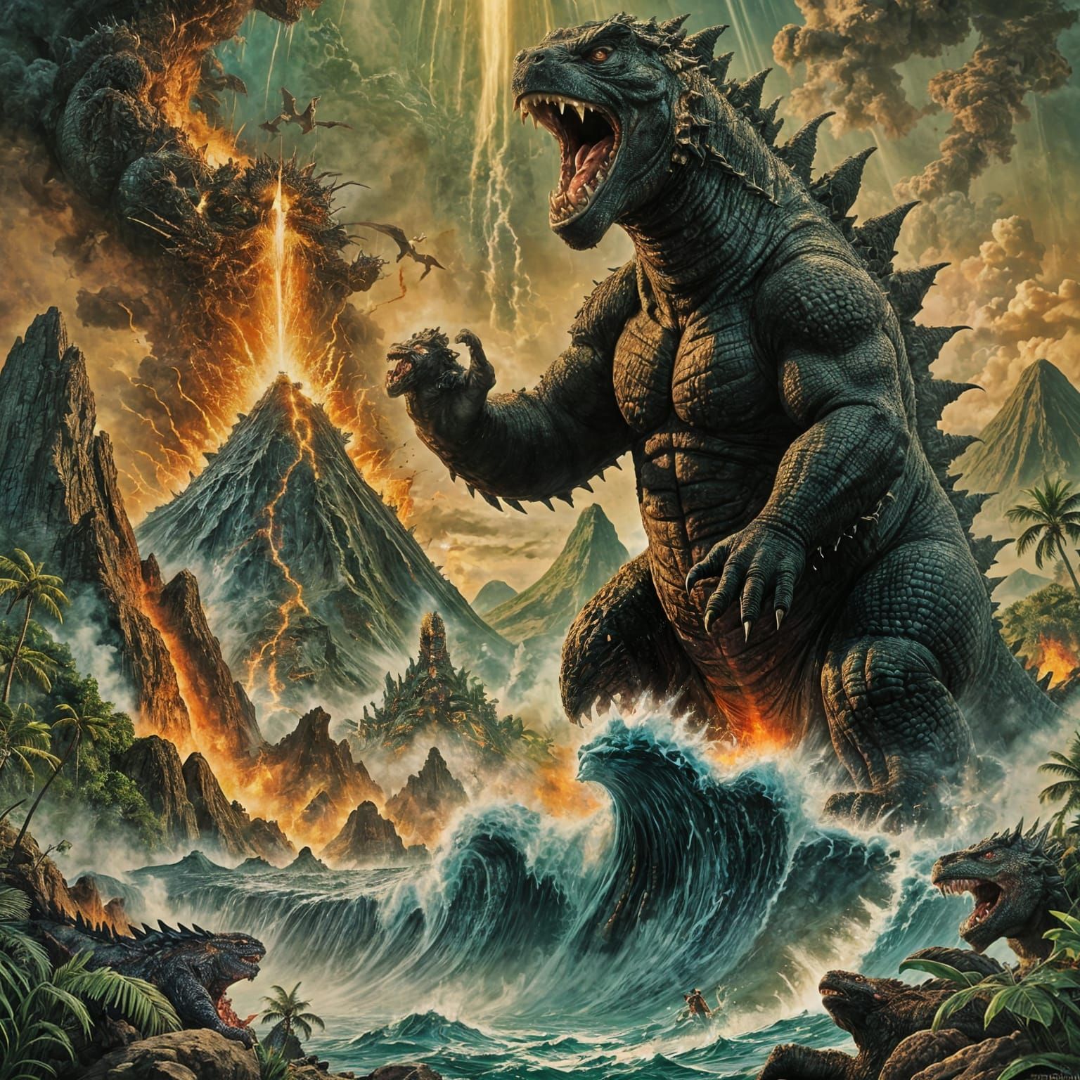 Godzilla Roars on Tropical Island: Epic Dark Fantasy