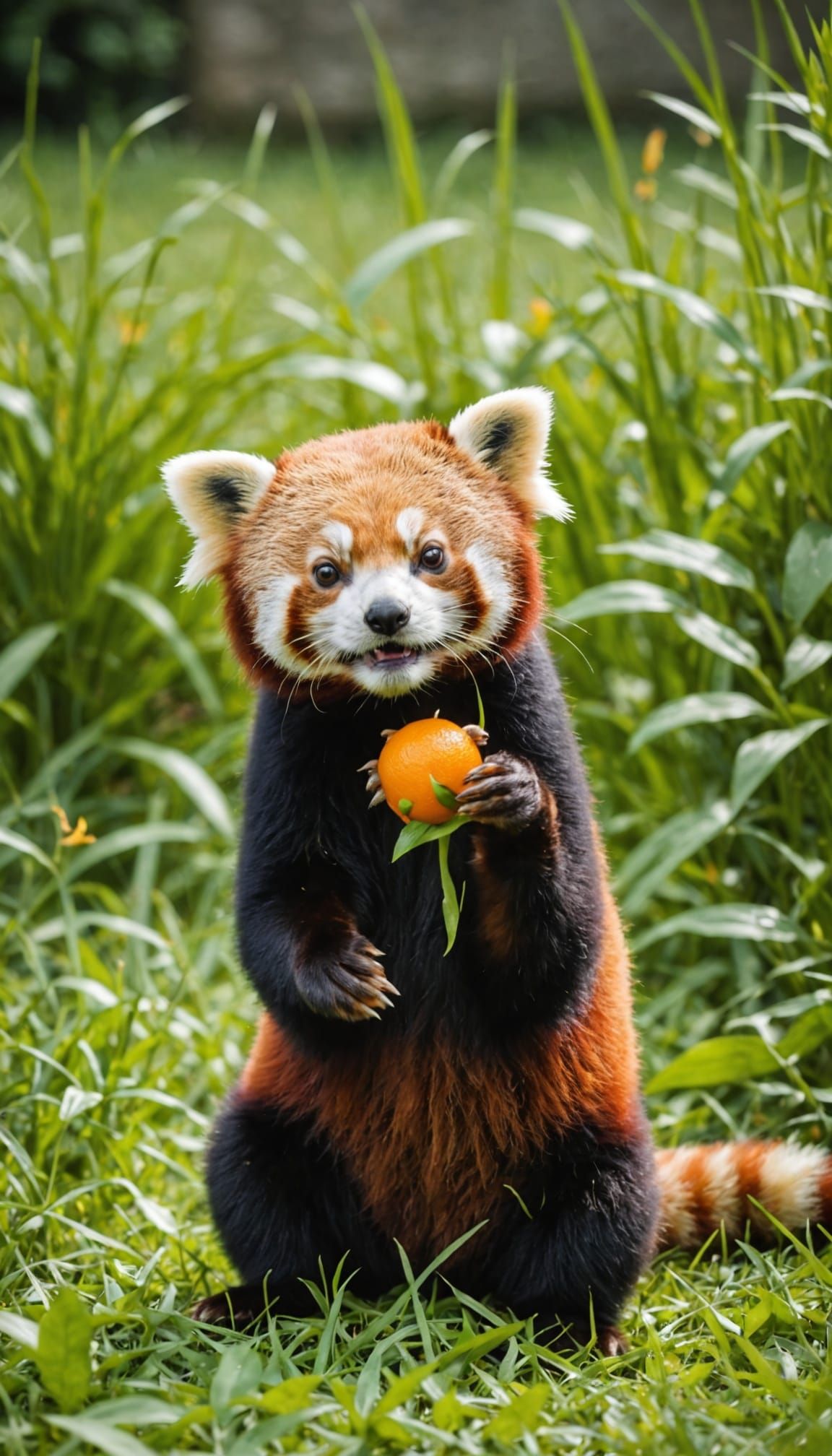 Red Panda and Orange Frog Play in Lush Green Grass