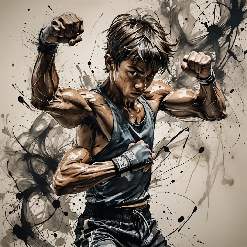 Boy in Boxing Attack Stance: Mixed Media Portrait