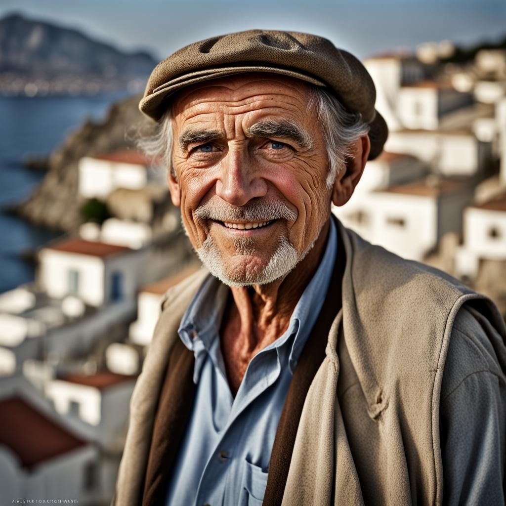 Greek Farmer Portrait with Bokeh, Realistic Photo