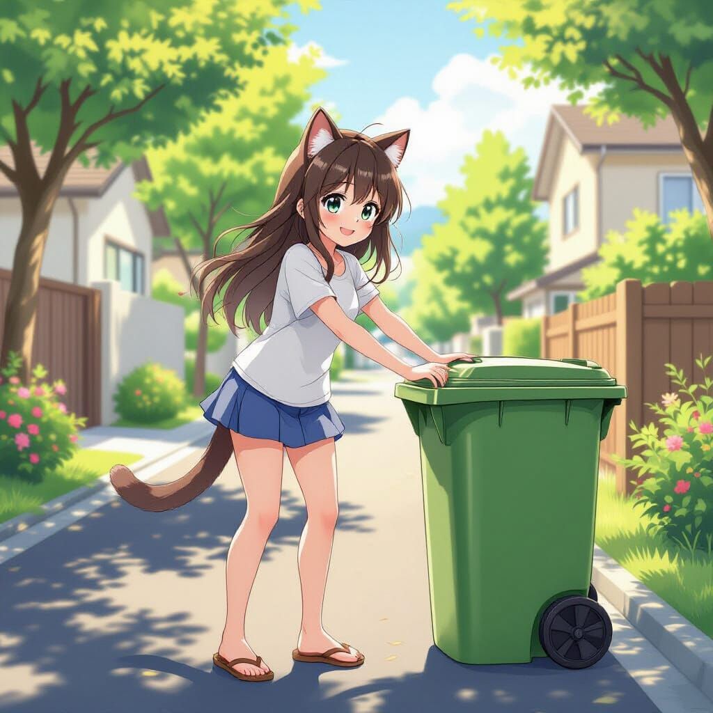 Anime Catgirl Puts Out Wheely Bin in Sunlight