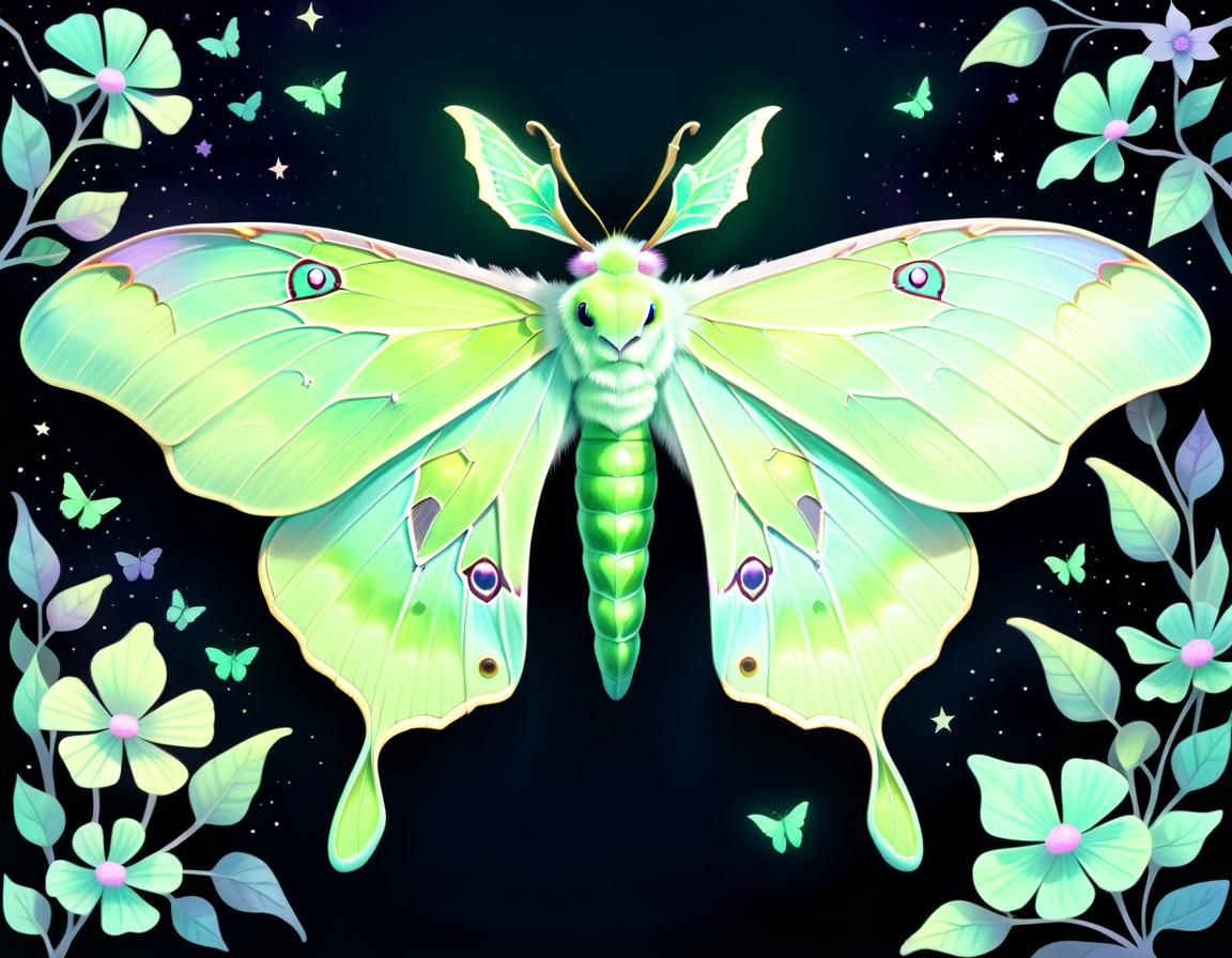 Opalescent Luna Moth Digital Illustration in Pastel Goth Sty...