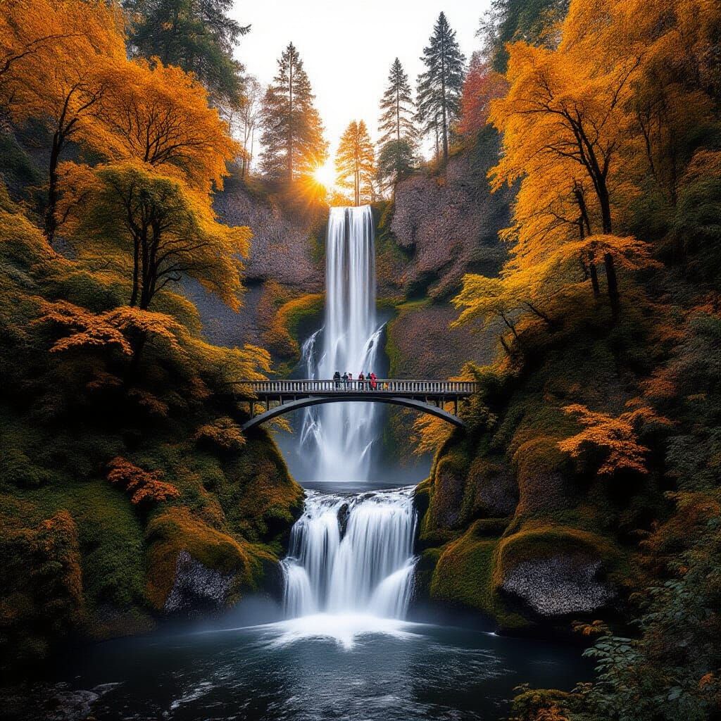 Multnomah Falls Autumn Landscape in Golden Hour Light