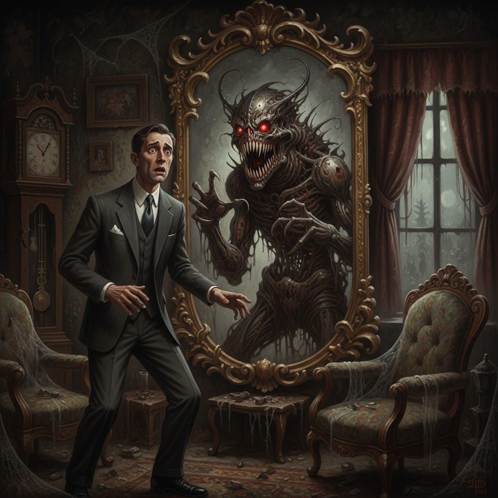 Man's Reflection Reveals Terrifying Monster in Ornate Mirror