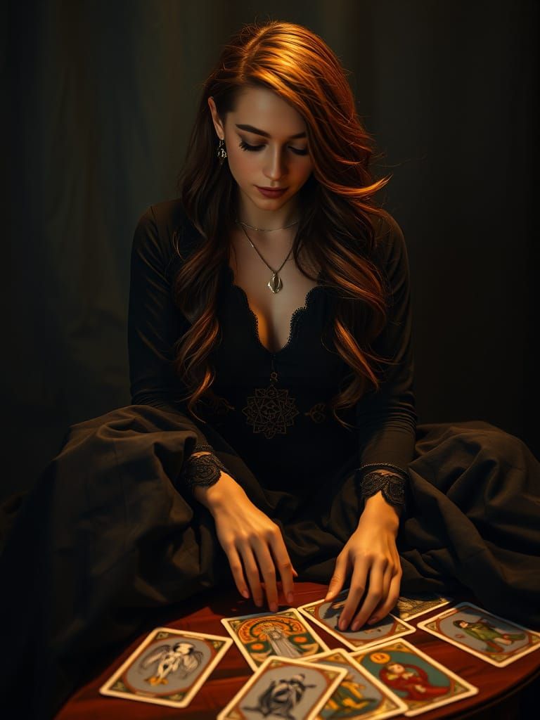 Enchanting Witch Unfolds Tarot Secrets in Cinematic Atmosphe...