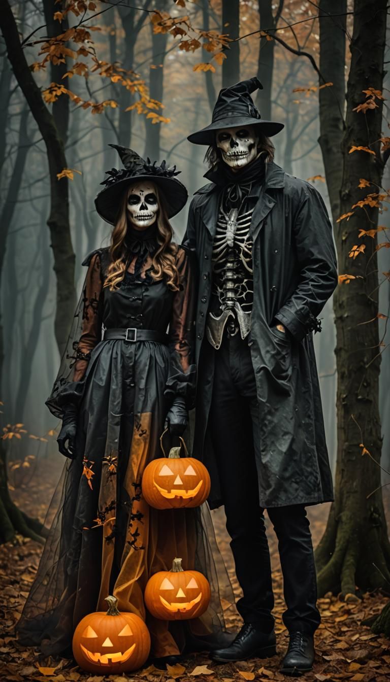 Transparent Couple in Halloween Autumn Forest