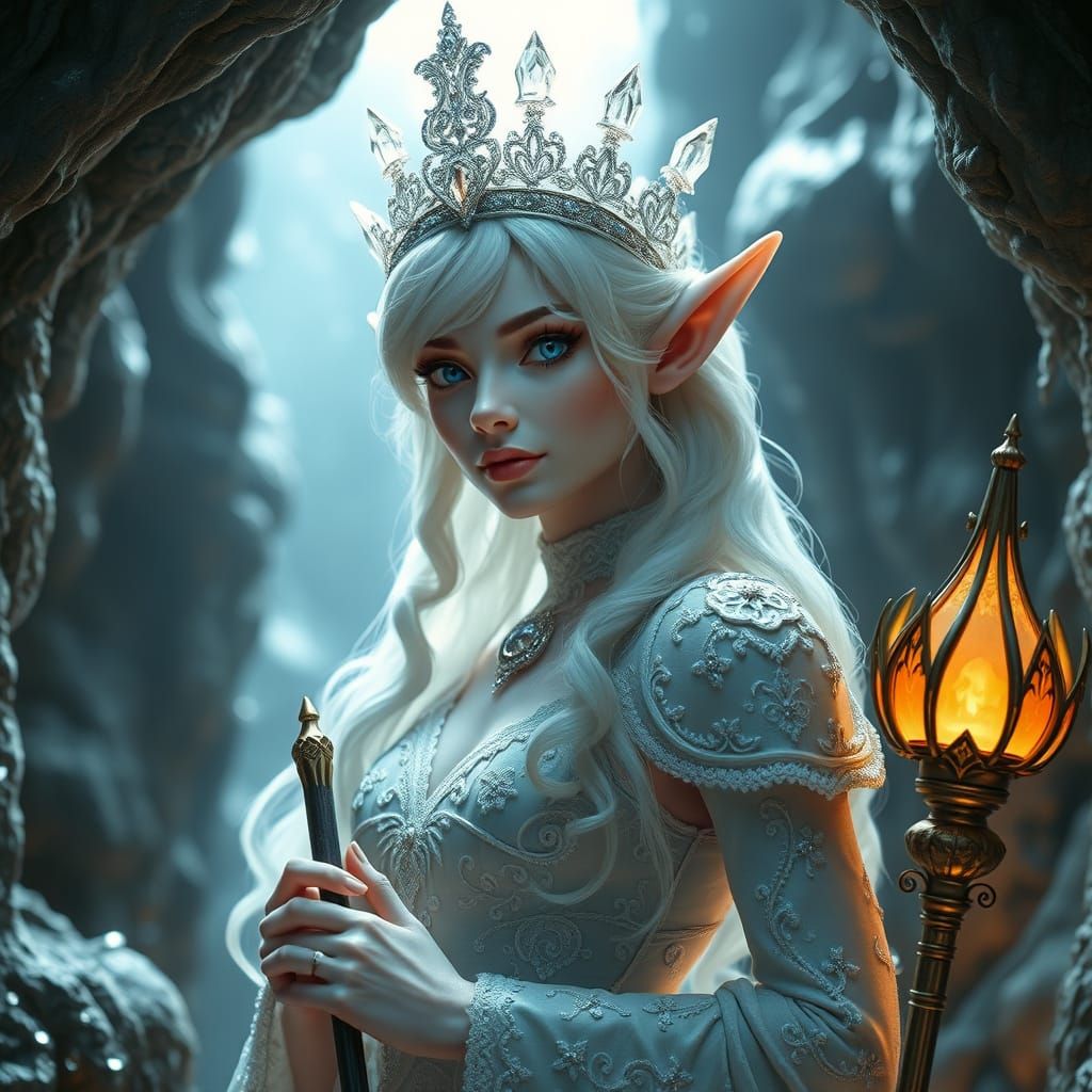 Elf Queen with Chocolate Hair in Grotto