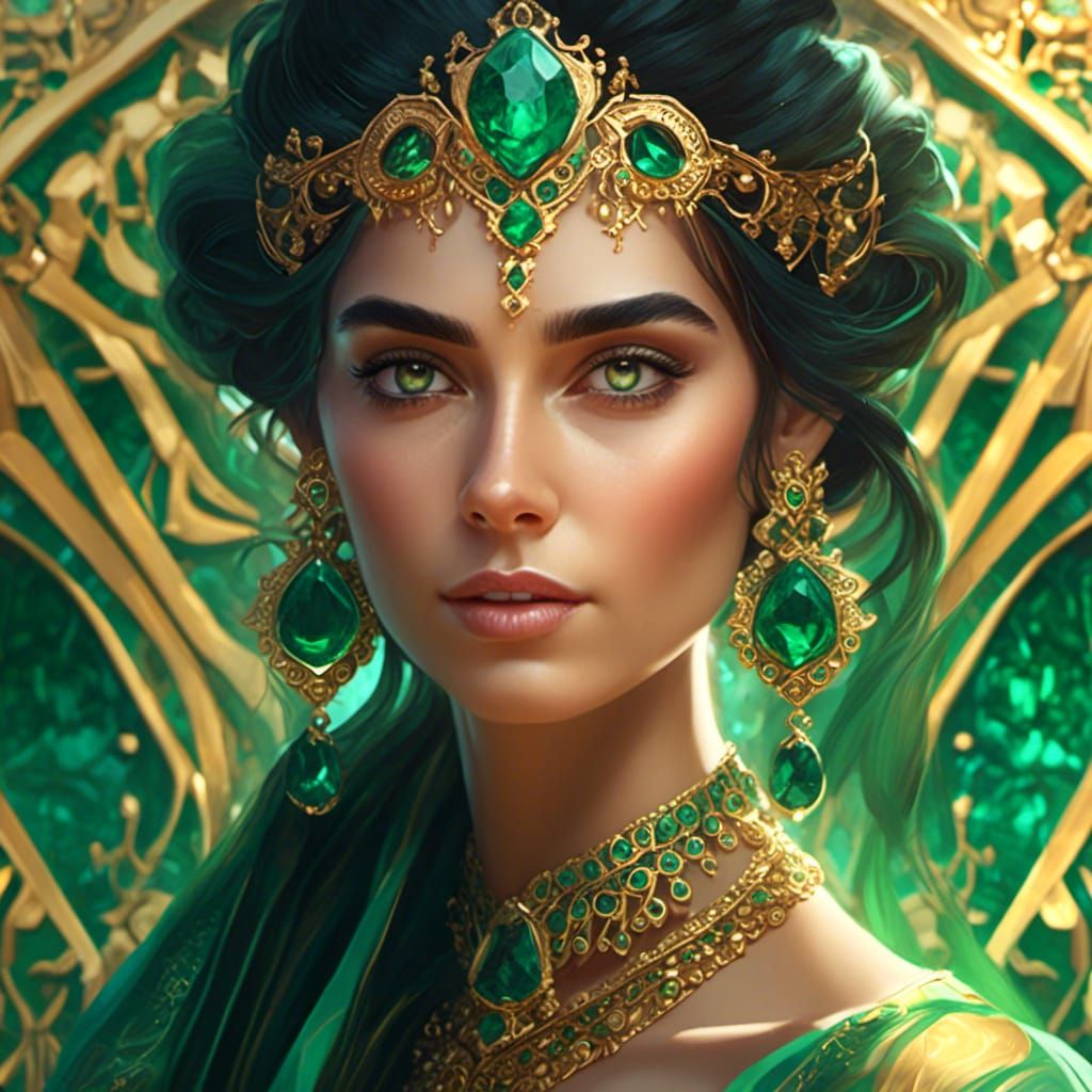 Emerald Tilework Earrings Portrait in Digital Art Style